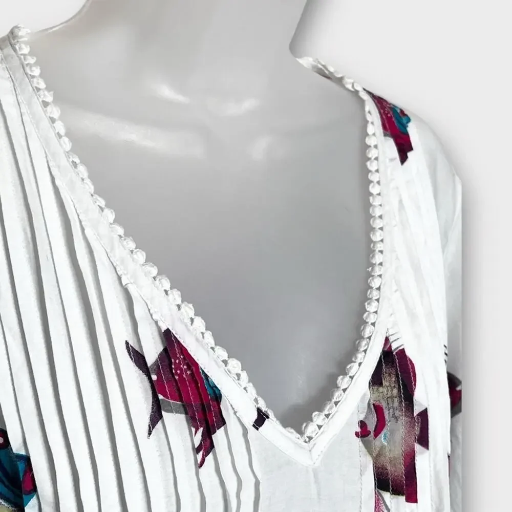SOFT SURROUNDINGS Seychelles White Blue Coral Tropical Fish Tunic Blouse Small